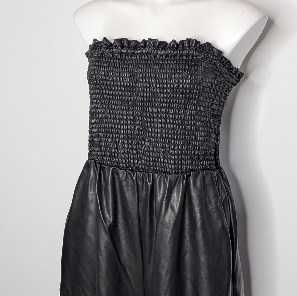 NWT Anthro Black Faux Leather Smocked Balloon Pant Jumpsuit M - Picture 2 of 13